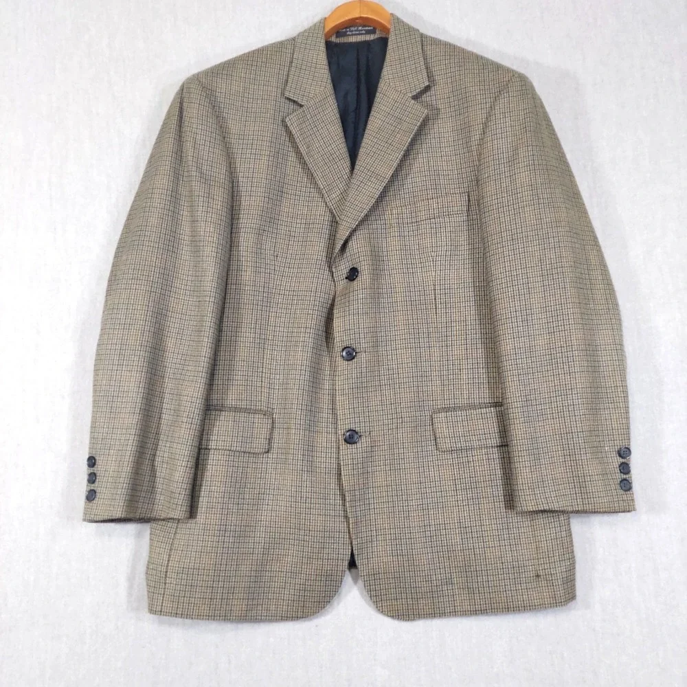 Vtg Andrew Fezza Silk Worsted Wool Sport Coat Blazer 42R Brown Houndstooth Check